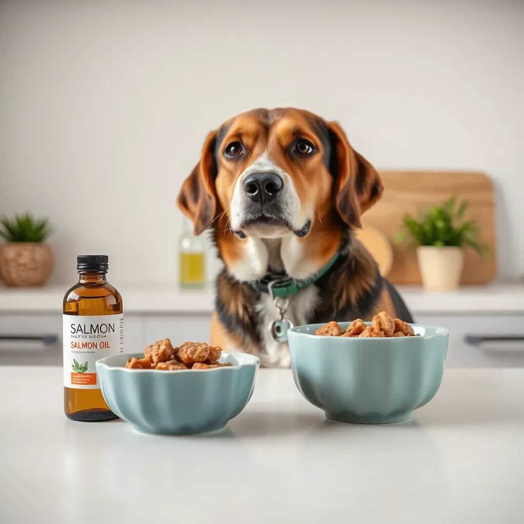 Perro tranquilo junto a un frasco de aceite de salmón y un cuenco de comida
