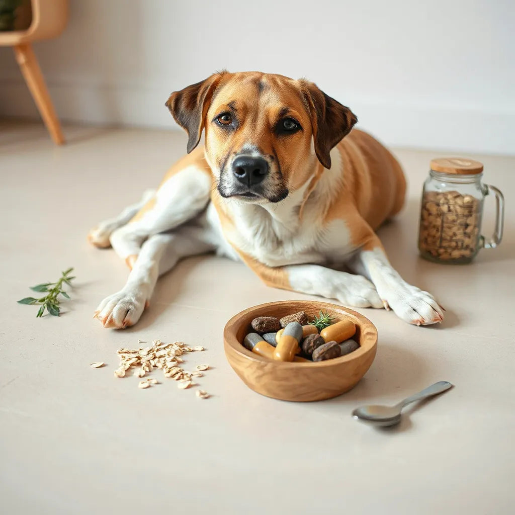 Perro tranquilo junto a ingredientes naturales y suplementos caninos en un entorno limpio y luminoso