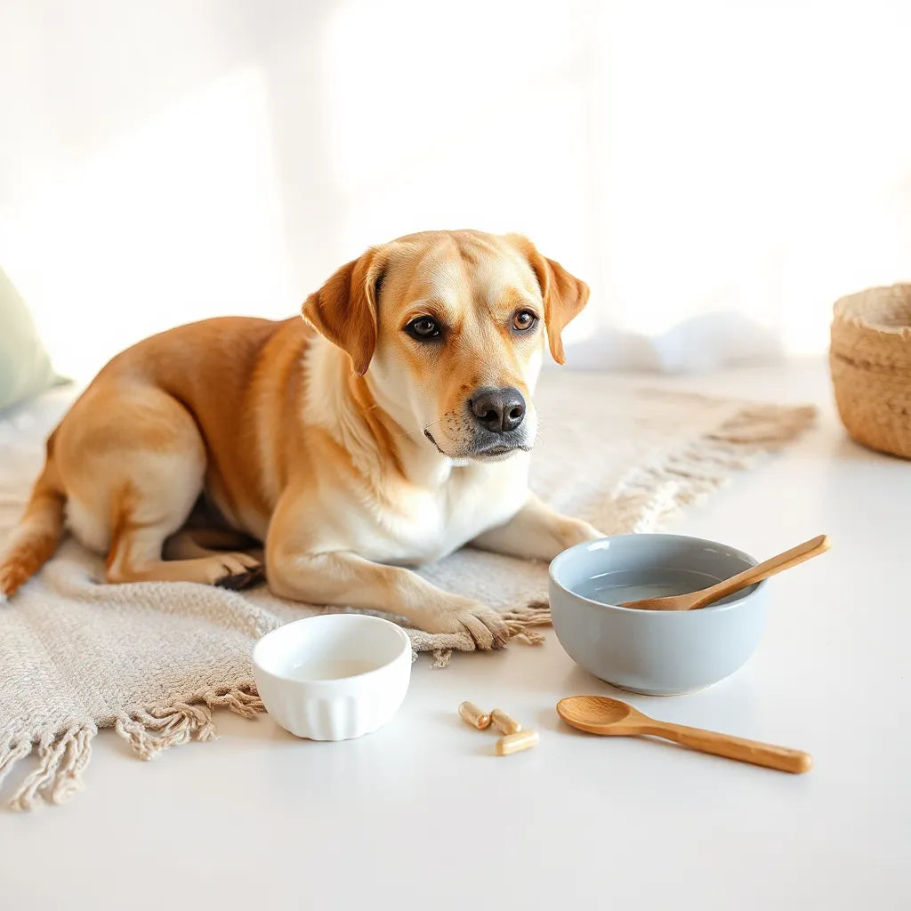 Perro tranquilo cerca de agua y suplementos naturales para apoyar una digestión sensible