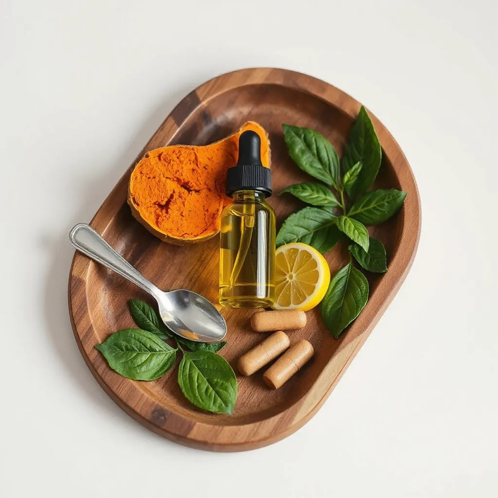 Ingredientes naturales para suplementación con frascos gotero y plantas, sobre una bandeja de madera