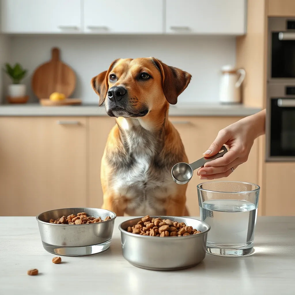 Veterinario ofreciendo una porción medida de alimento a un perro sano junto a su bebedero