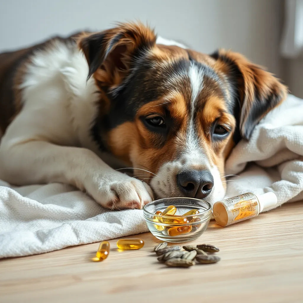 Perro con pelaje brillante y suave, junto a cápsulas de suplemento y aceites naturales sobre una mesa