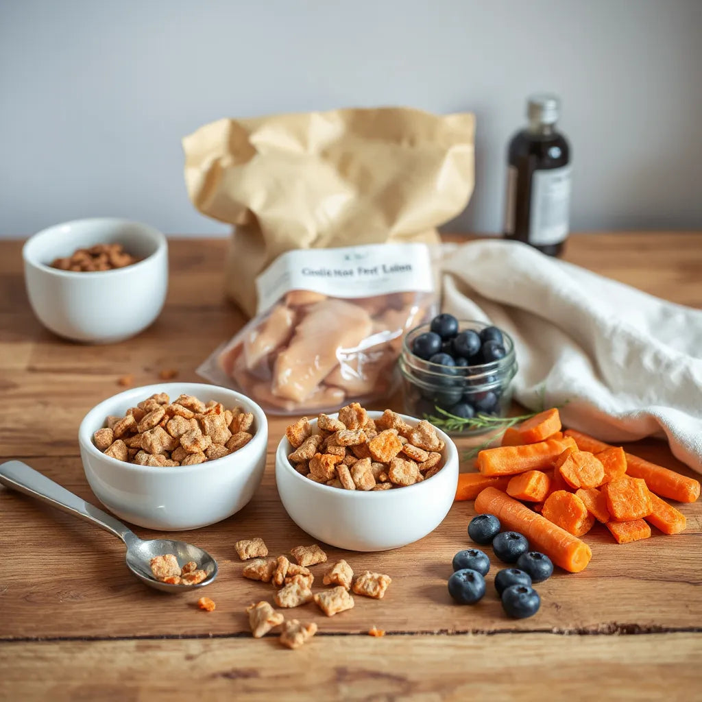 Bols con ingredientes de alta calidad para mascotas sobre una mesa de madera, con kibble y alimentos naturales