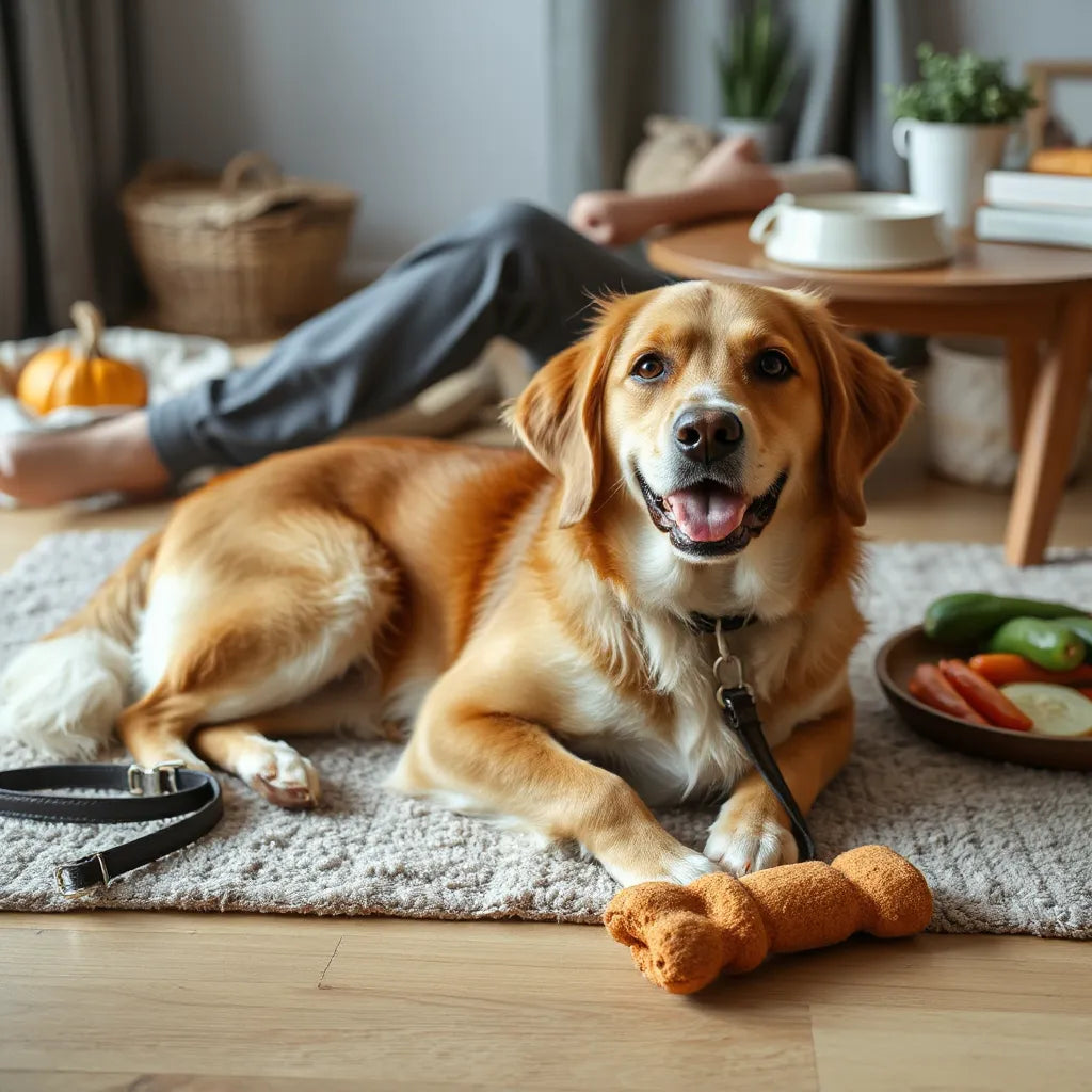Perro saludable descansando junto a su cuidador en casa con agua y accesorios básicos