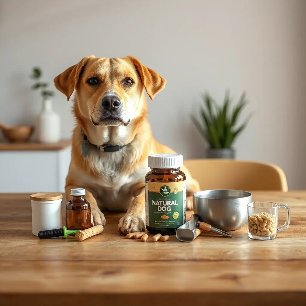 Perro sentado junto a frascos y suplementos caninos naturales sobre una mesa de madera
