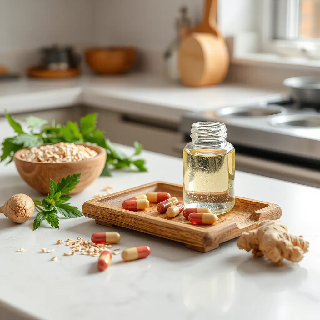 Cápsulas y frasco de suplementos sobre bandeja de madera con ingredientes naturales al lado