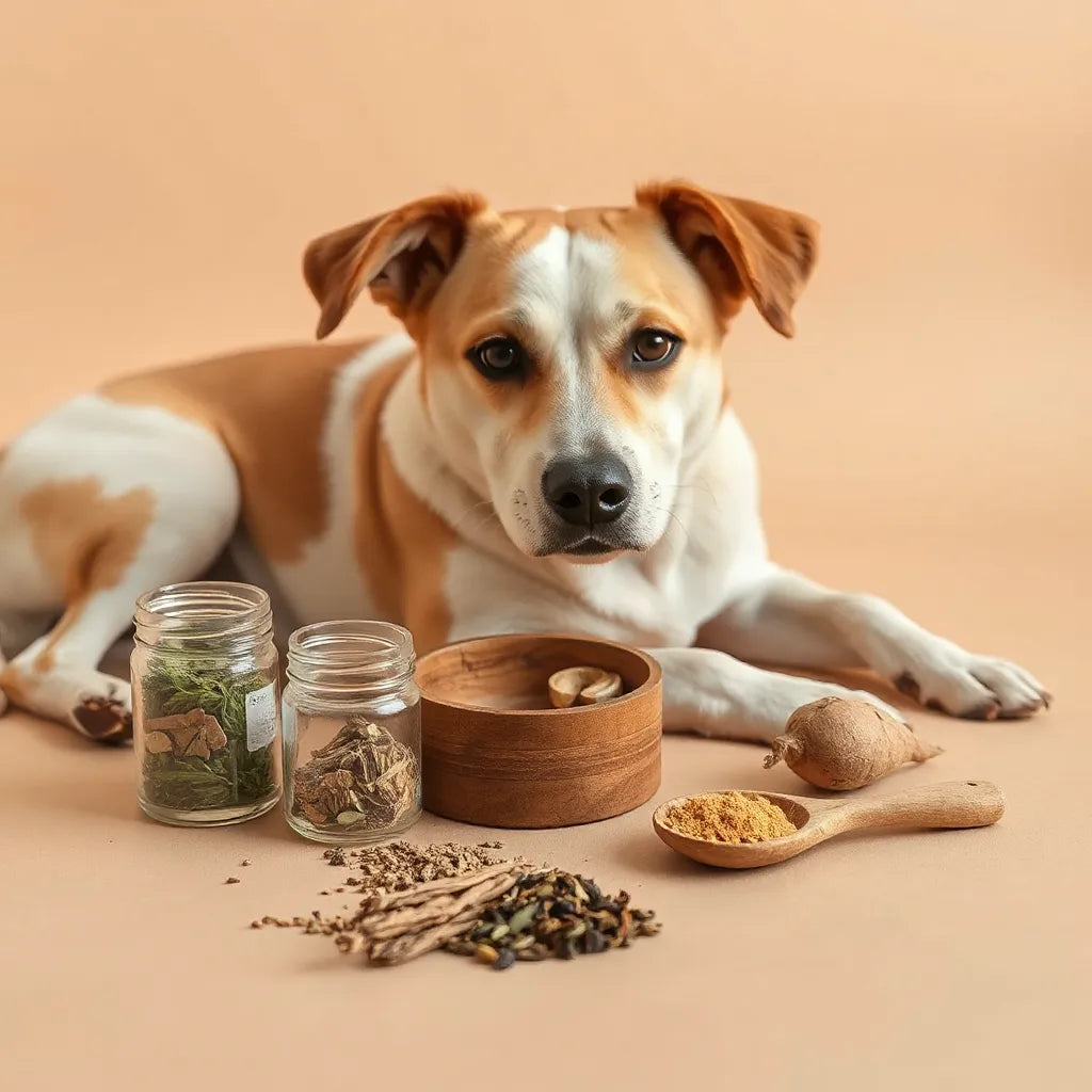 Perro tranquilo junto a suplementos naturales en tarro de vidrio y plato de madera