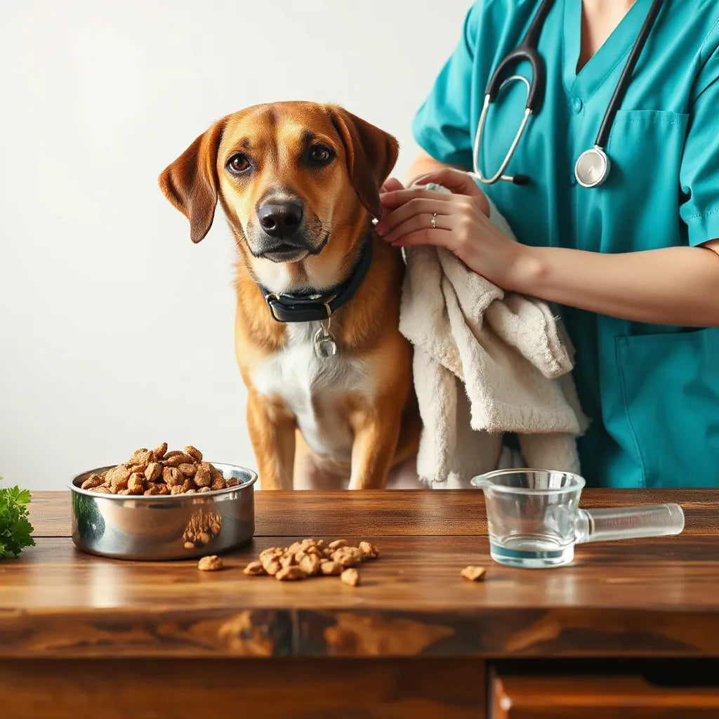 Veterinario evaluando a un perro saludable y revisando su alimentación con un cuenco y ración