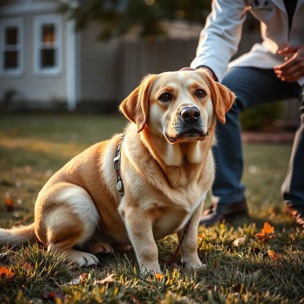 Perro tranquilo junto a una veterinaria revisando su pelaje en un jardín con luz natural