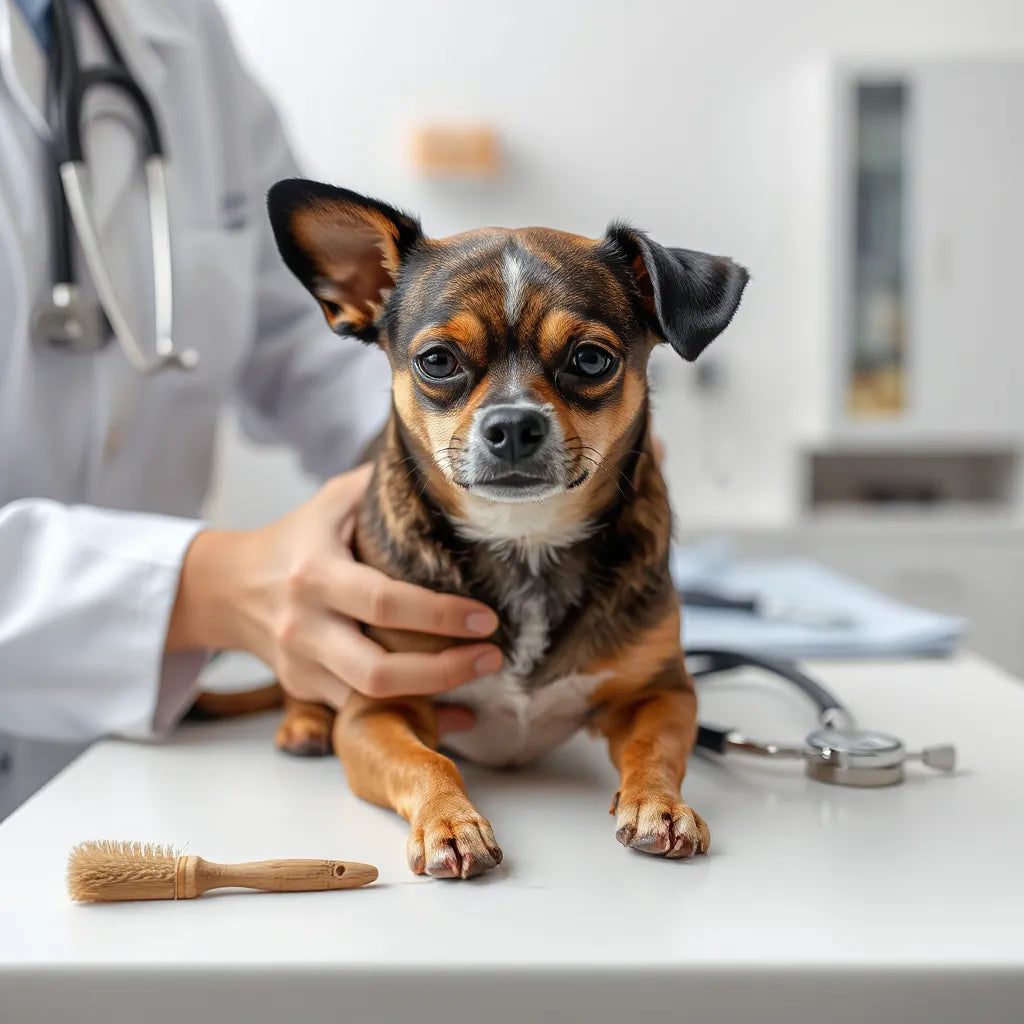 Perro de raza pequeña con un veterinario revisando su estado general en una clínica limpia