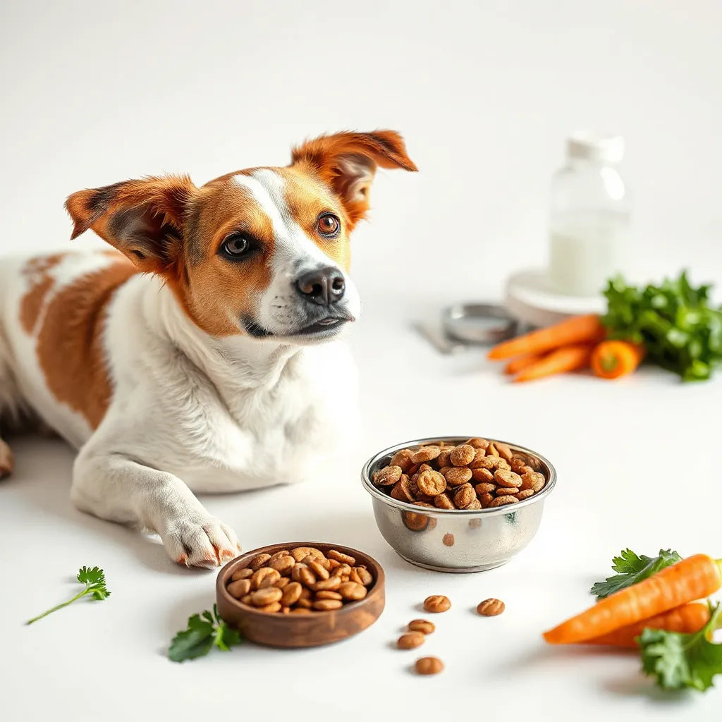 Perro saludable junto a comida y cepillo, con ingredientes naturales que sugieren nutrición para un pelaje brillante