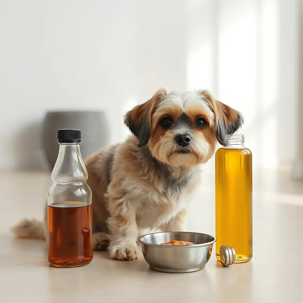Perro sentado junto a un frasco de aceite de salmón ámbar y un cuenco metálico