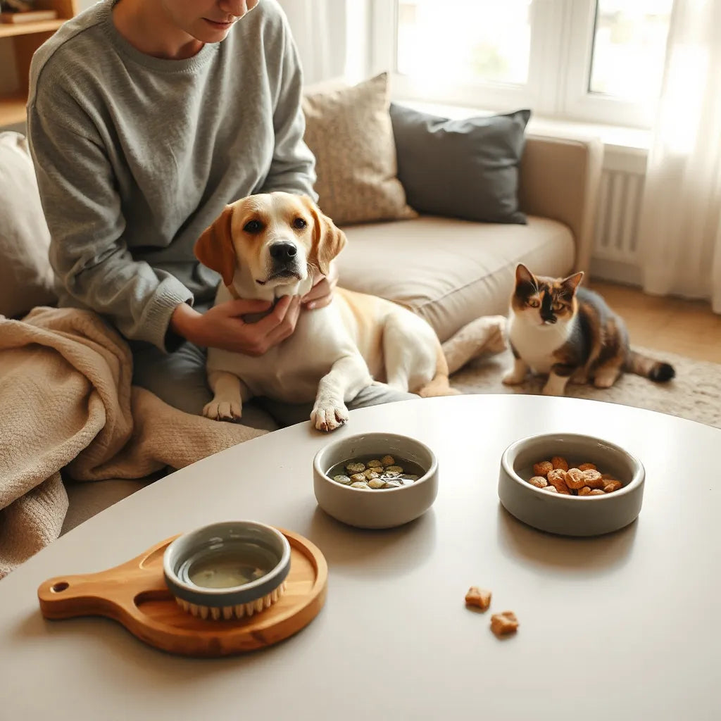 Persona cuidando a un perro y un gato con agua fresca y objetos de higiene en casa