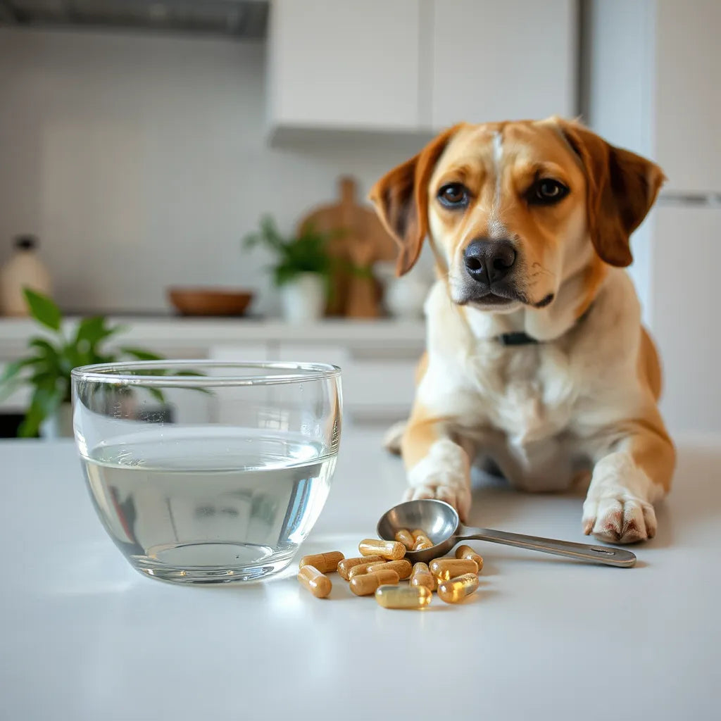 Cápsulas de suplemento y una cuchara medidora junto a un perro sentado en un entorno natural