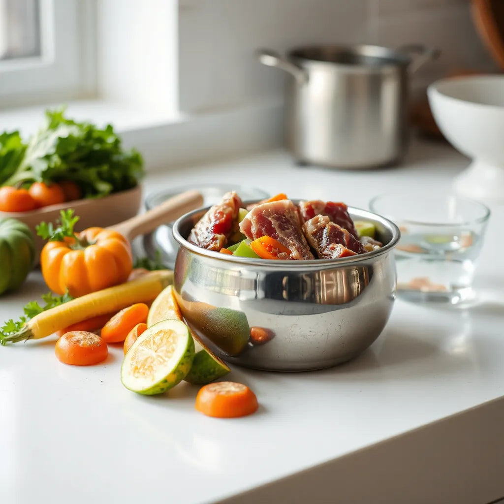 Perro con un cuenco de comida BARF casera con carne y verduras en una cocina limpia