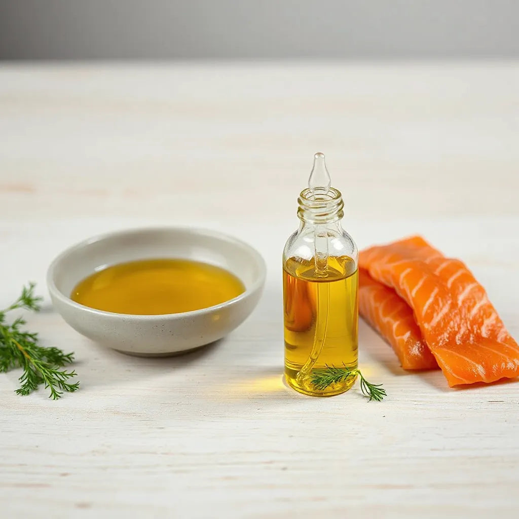 Bote de aceite de salmón dorado con gotero junto a trozos de salmón fresco sobre madera clara
