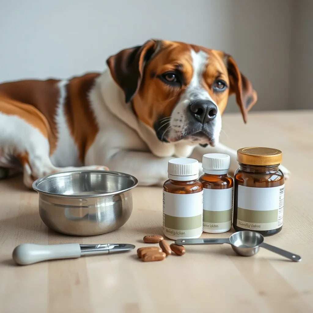 Perro tranquilo junto a suplementos caninos y recipientes sin etiquetas sobre una mesa de madera clara