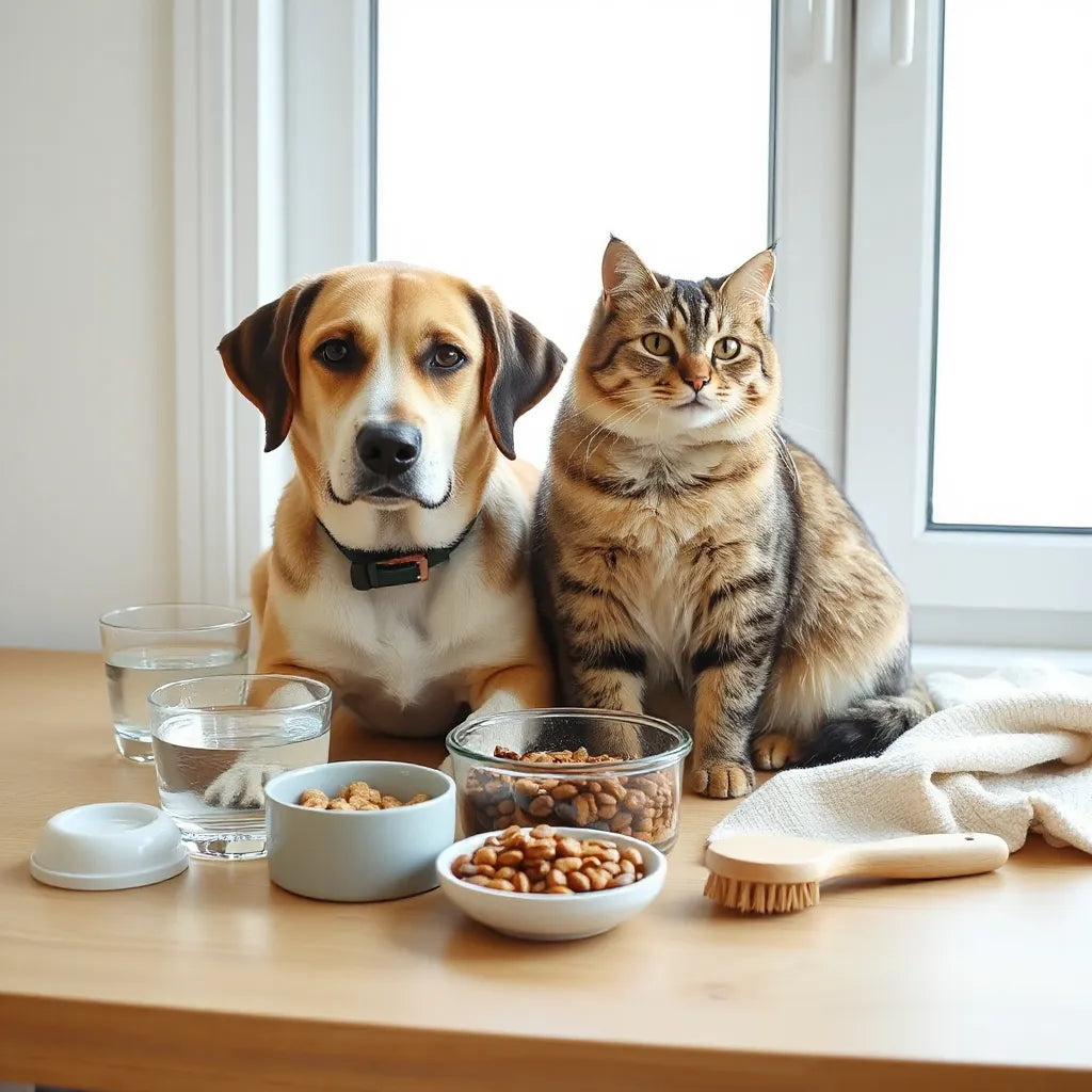 Perro y gato relajados junto a cuencos de agua y alimento, con accesorios de bienestar para mascotas