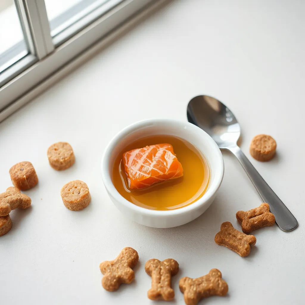 Tazón con aceite de salmón dorado para premio canino, con cucharita y galletas pequeñas al lado