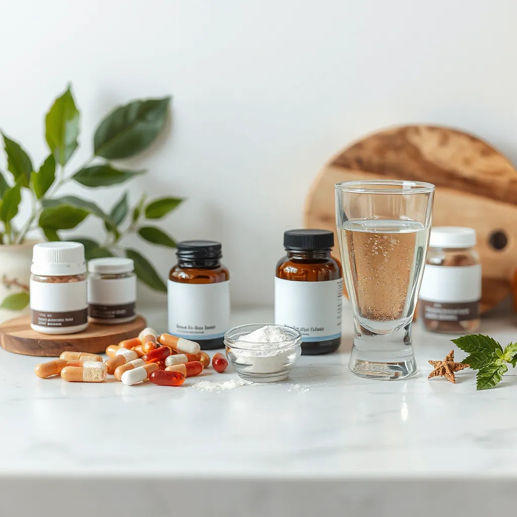 Botes de vidrio con suplementos y cápsulas junto a un vaso de agua sobre una mesa con hojas desenfocadas