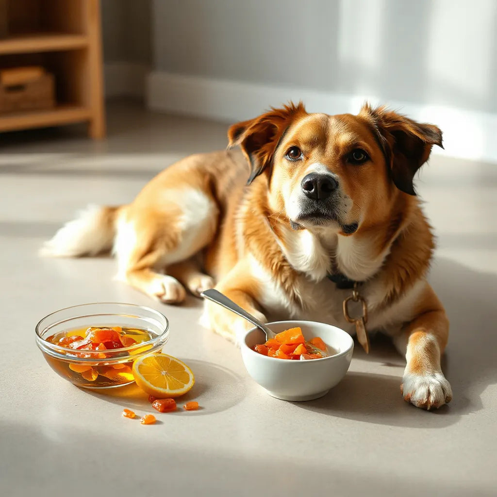 Perro saludable descansando junto a un cuenco con aceite de omega 3 y elementos naturales