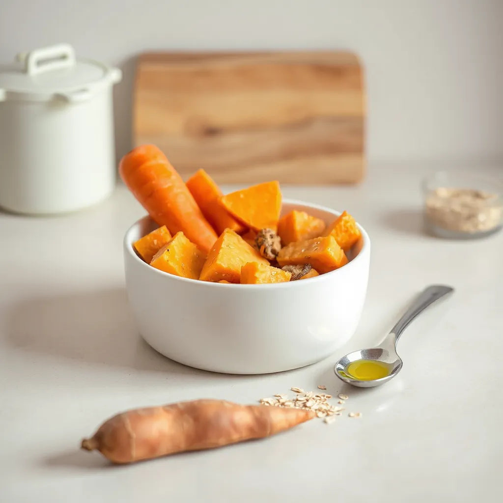Tazón para perros con ingredientes naturales como zanahoria, batata y avena sobre una mesa
