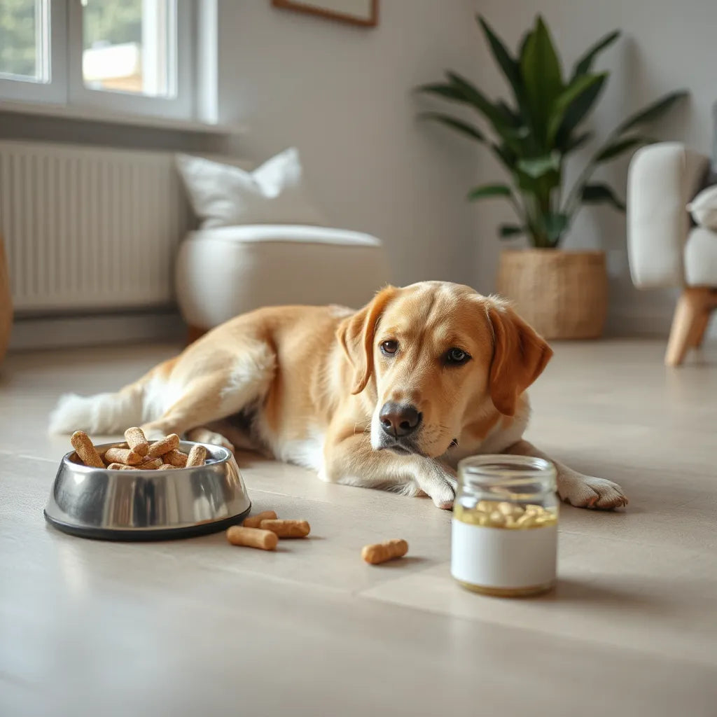 Perro tranquilo junto a un frasco pequeño y snacks tipo suplemento en un salón con luz natural