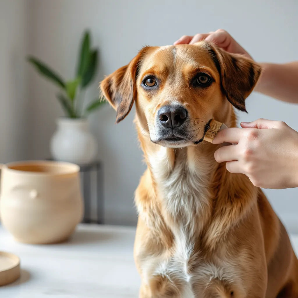 Perro de pelaje saludable mientras se le cepilla con un cepillo de aseo en un entorno doméstico
