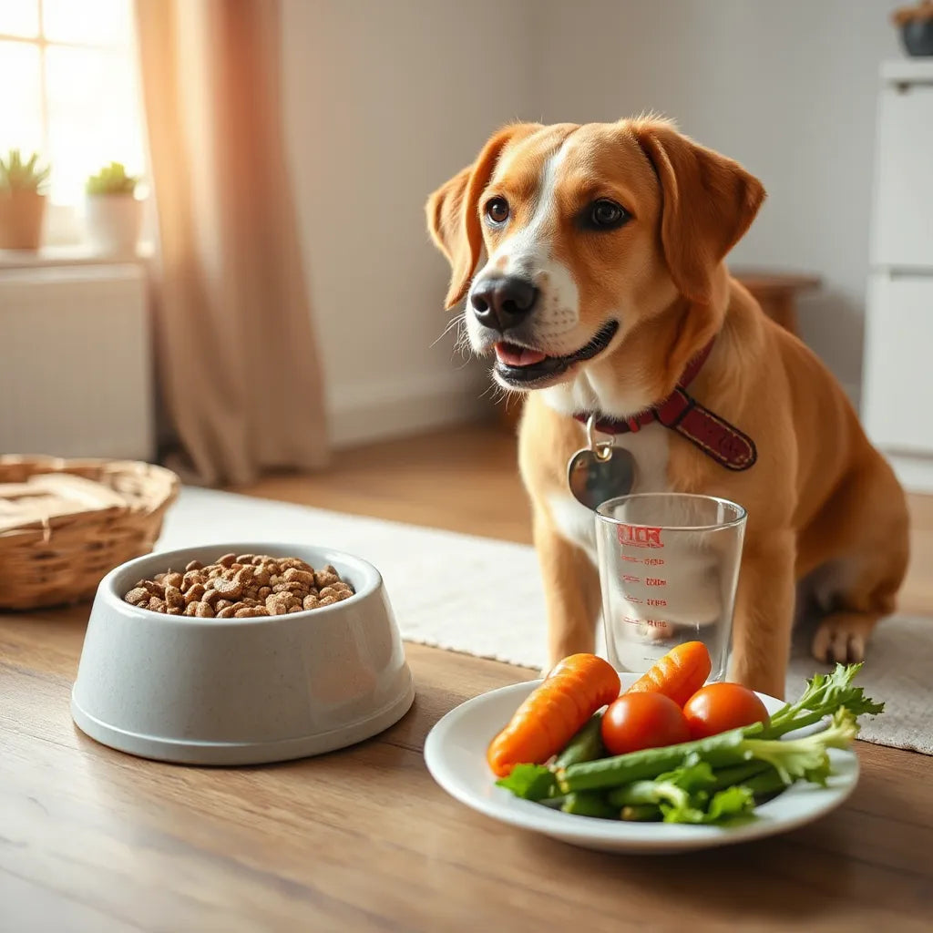 Perro saludable junto a dos cuencos de comida y verduras frescas en una mesa limpia