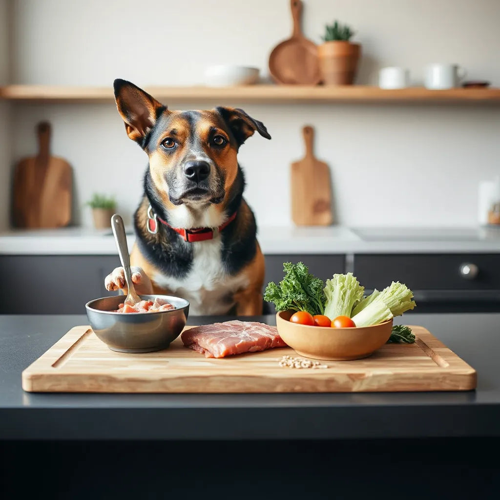 Perro esperando junto a un cuenco con comida natural y verduras frescas en una cocina luminosa