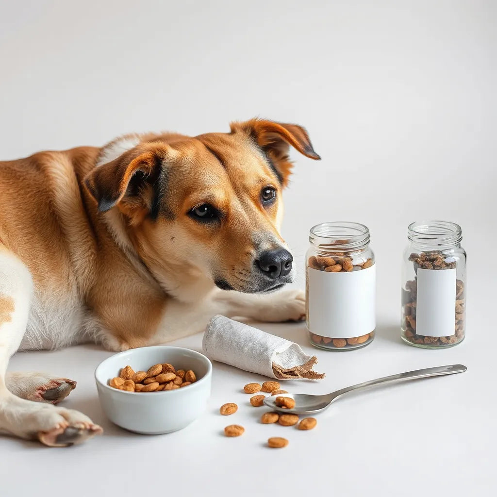 Perro saludable junto a frasco y cucharilla con suplementos naturales en un fondo claro