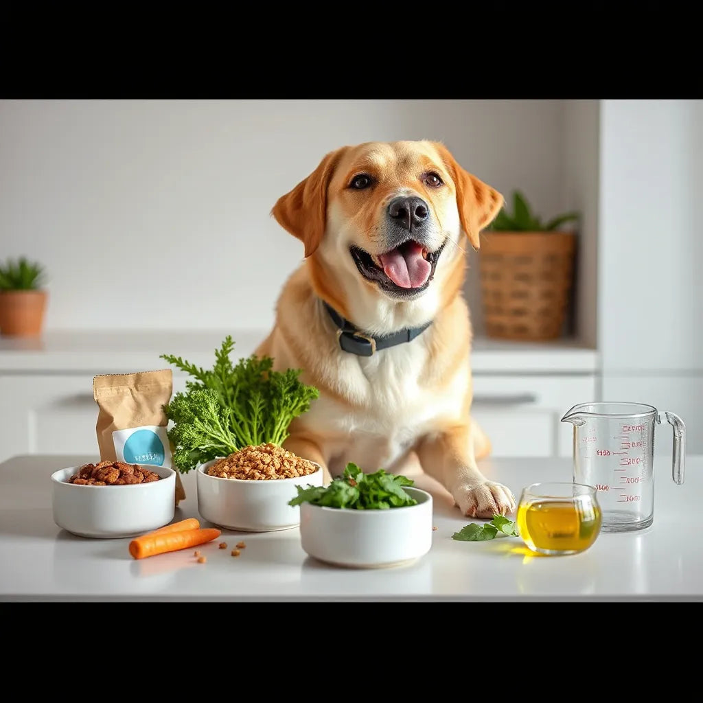 Perro sentado junto a cuencos con comida saludable y algunos ingredientes naturales.