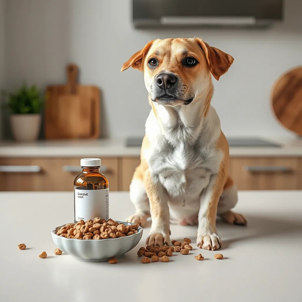 Perro sentado junto a un frasco de suplemento y un cuenco con comida en una cocina luminosa