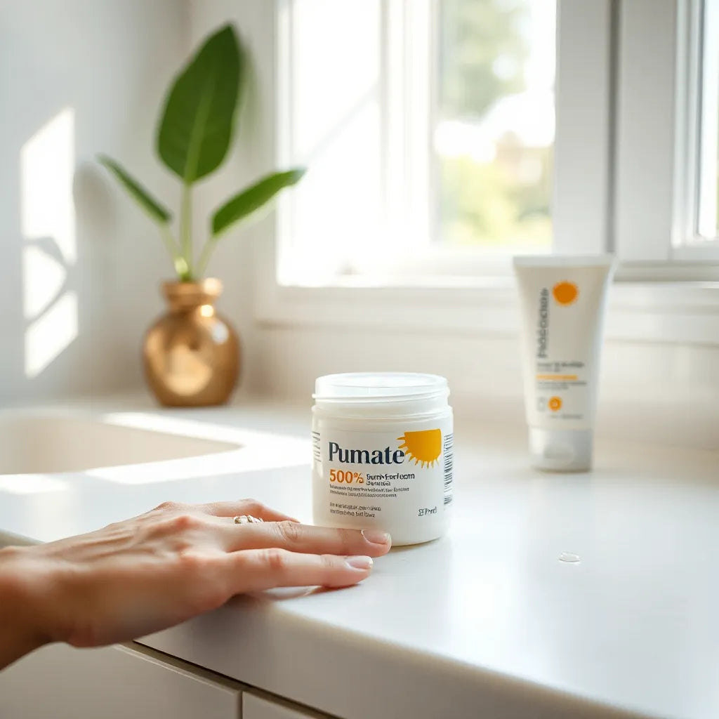 Frasco y tubo de crema de protección solar sobre encimera con luz natural