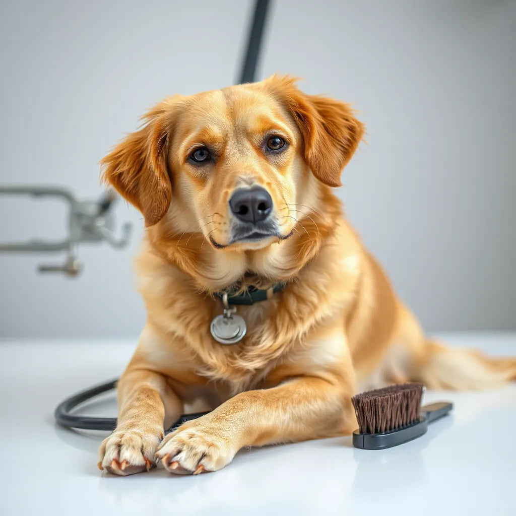 Perro con pelaje limpio y brillante junto a un cepillo de aseo en un entorno veterinario