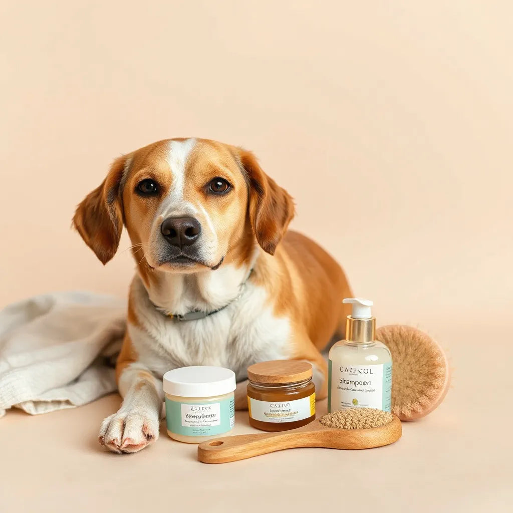 Perro tranquilo junto a productos de cuidado suaves para piel sensible, con enfoque en el aseo e hidratación