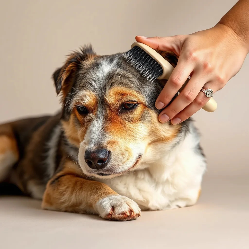 Perro con pelaje bien cuidado mientras le cepillan suavemente en un entorno neutro