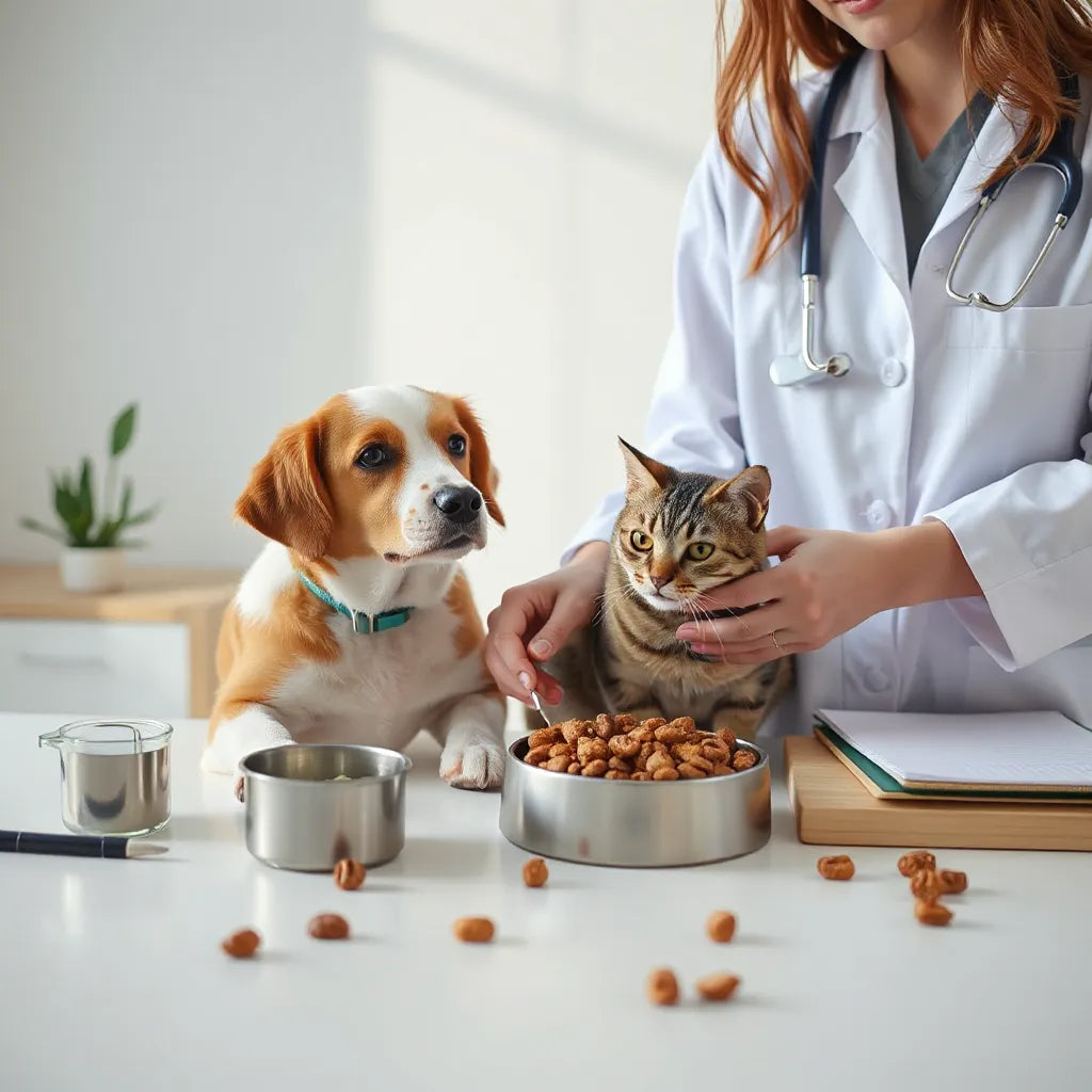 Veterinario revisando comida y cuencos de perro y gato en una mesa de clínica luminosa