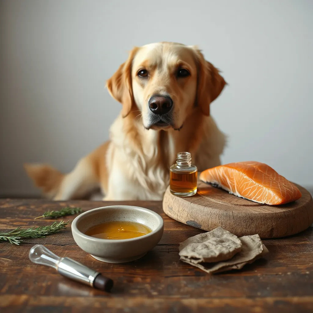 Perro adulto junto a gotero con aceite ámbar y salmón fresco sobre una mesa de madera
