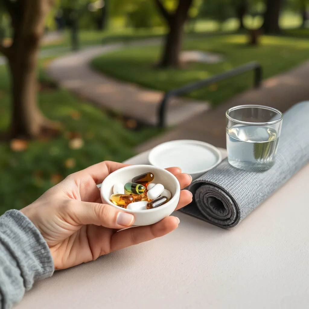 Bote de suplementos con cápsulas y polvo para articulaciones junto a una esterilla y vaso de agua