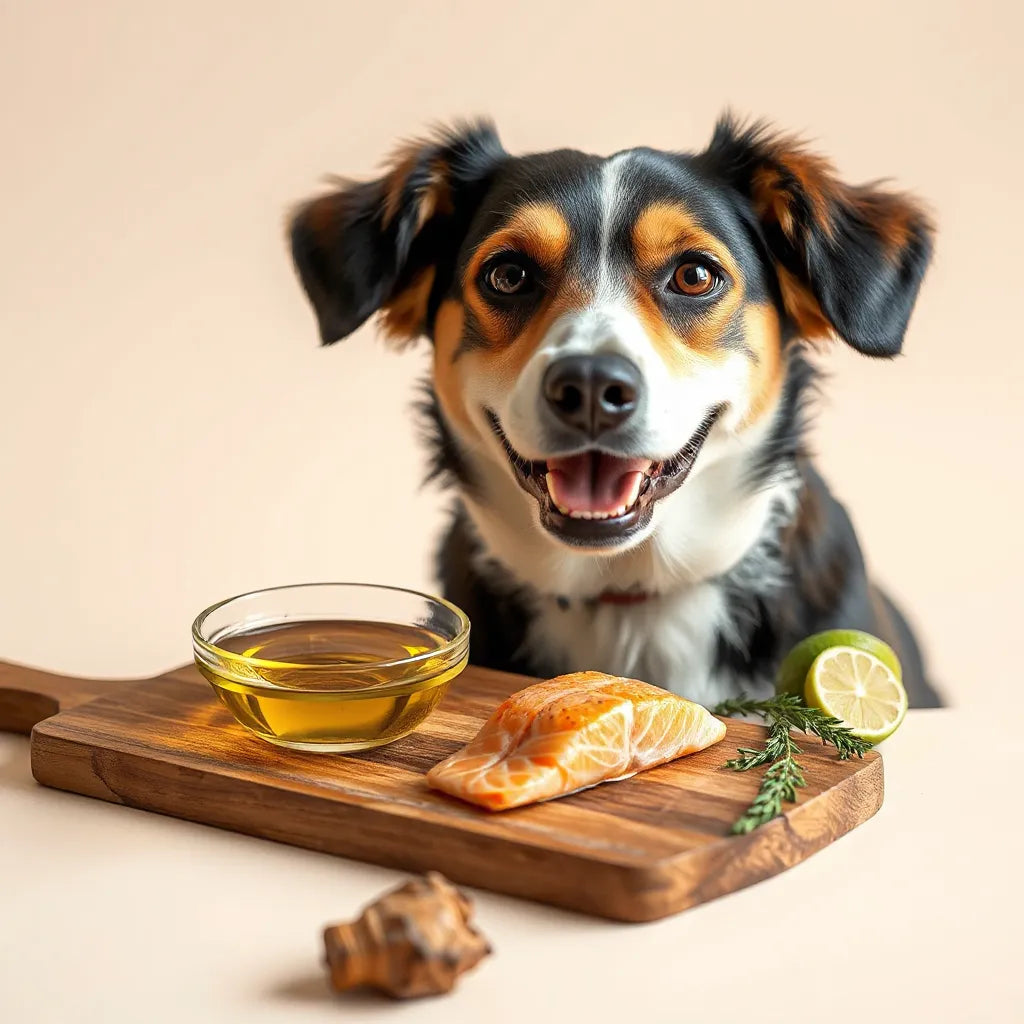 Perro feliz junto a un cuenco con aceite de salmón dorado y un filete de salmón sobre una tabla de madera