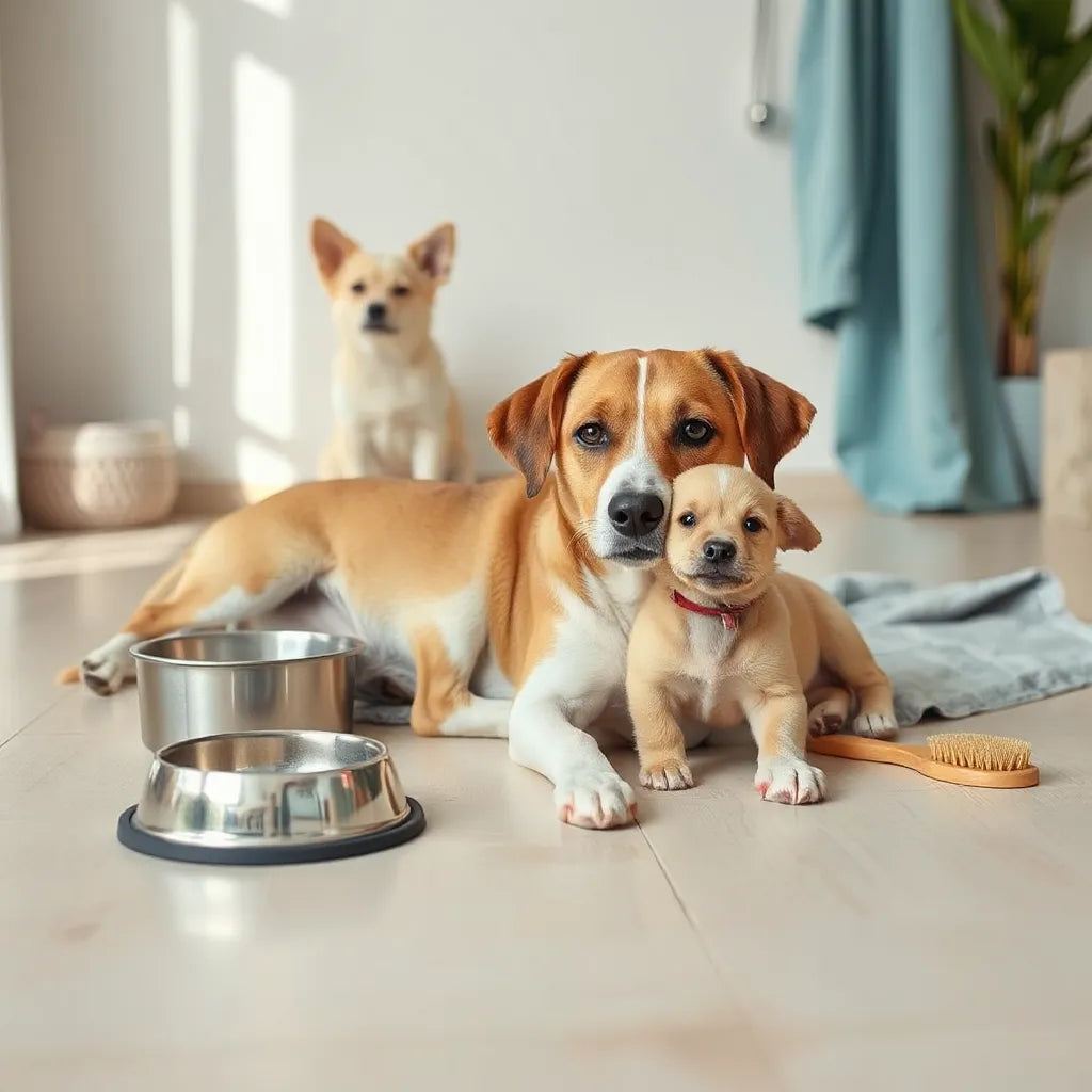 Perros descansando junto a cuencos de comida y agua y material básico de cuidado en un ambiente limpio