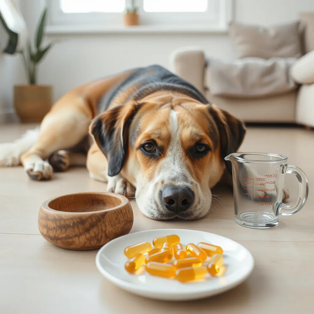 Perro tranquilo junto a cápsulas de omega 3 y un recipiente de comida en un ambiente limpio y luminoso
