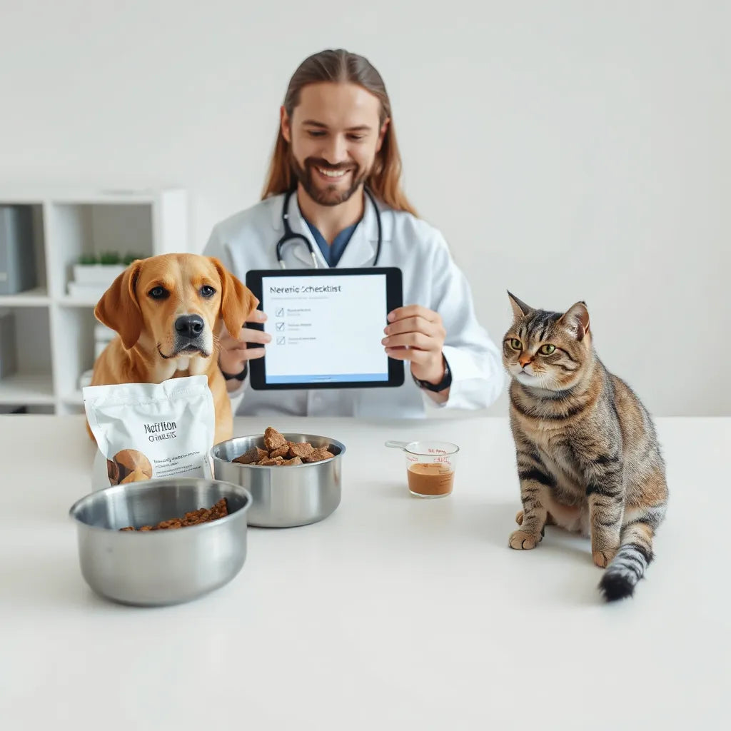 Veterinario orientando la nutrición de un perro y un gato en una consulta clínica.