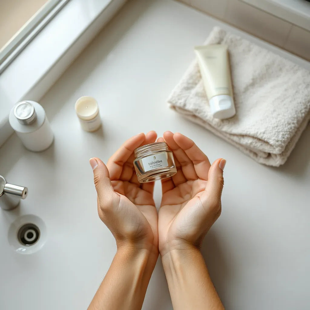 Jarra y tubo de crema sobre un lavabo con manos preparadas para hidratar la piel