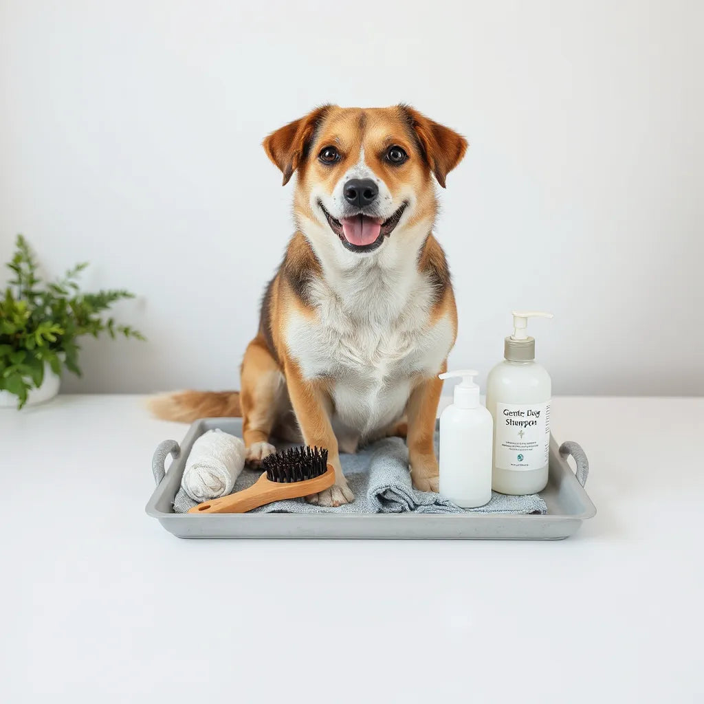Perro con pelaje saludable y productos de aseo canino sobre una bandeja