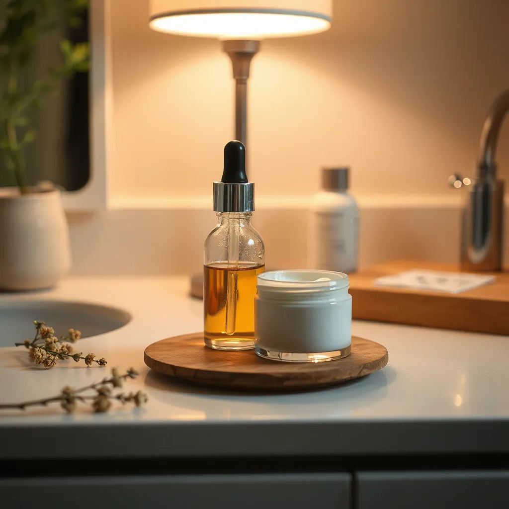 Frasco de crema nocturna y gotero sobre una mesa clara con luz cálida, ambiente de cuidado facial nocturno