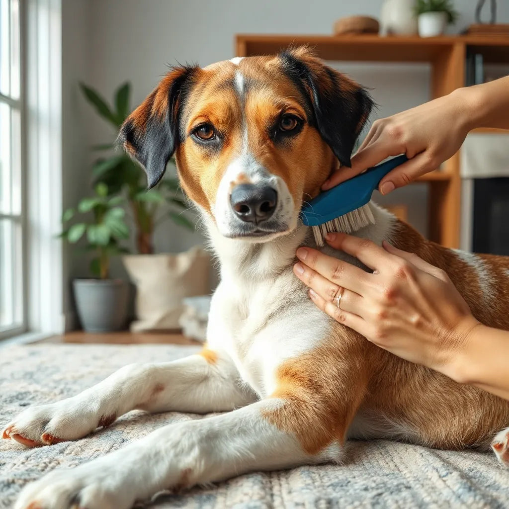 Perro de pelaje sano siendo cepillado con cuidado para ayudar a reducir la caída de pelo