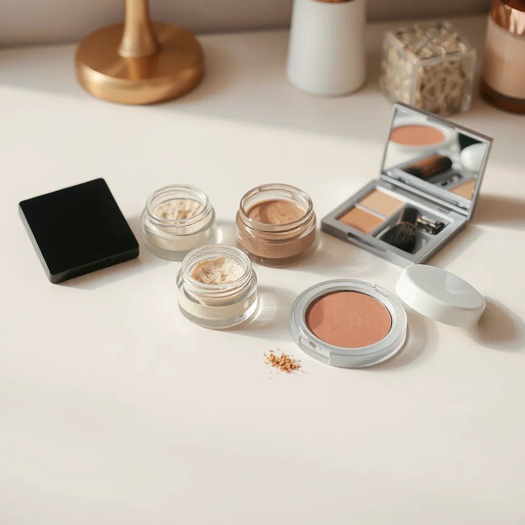 Colección de maquillaje mineral con frascos mate, brocha y tonos en un tocador con luz natural