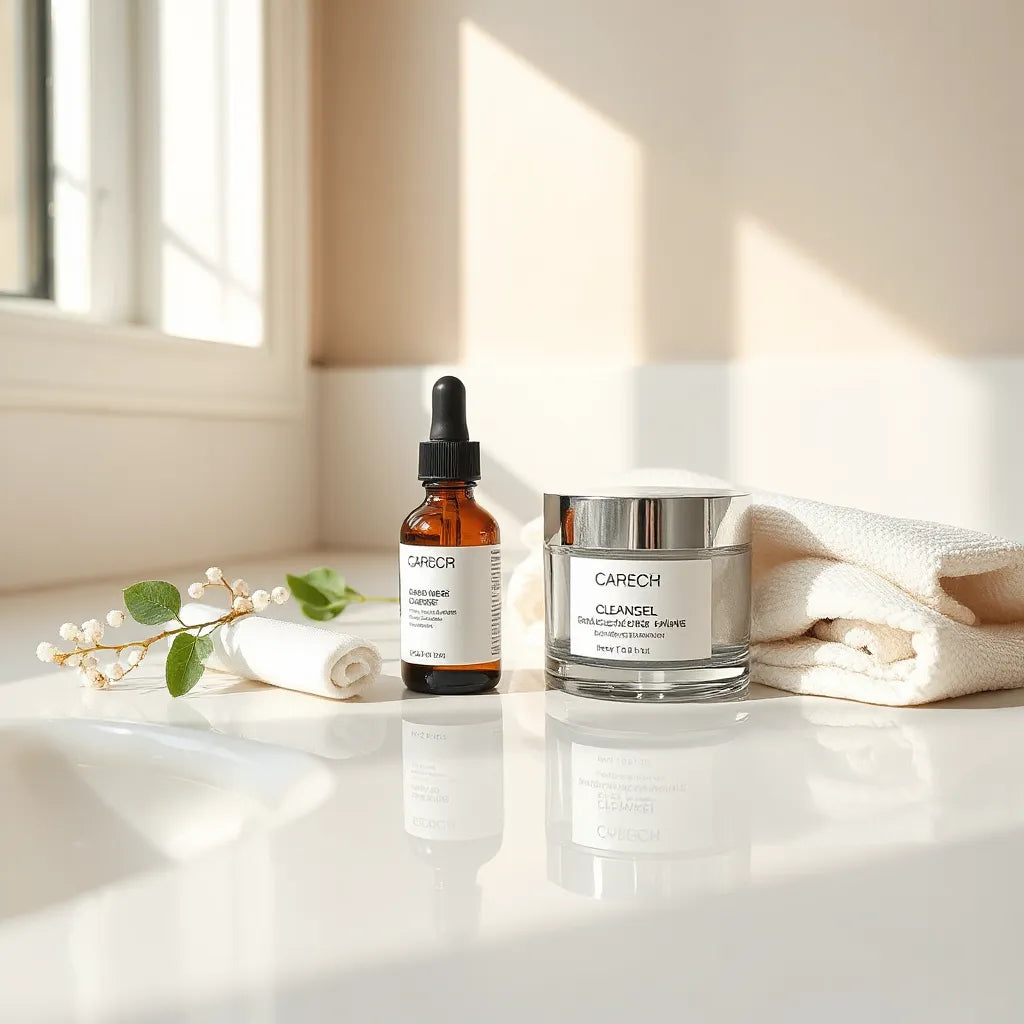 Bote de crema, suero y limpiador facial alineados sobre un mostrador con luz natural